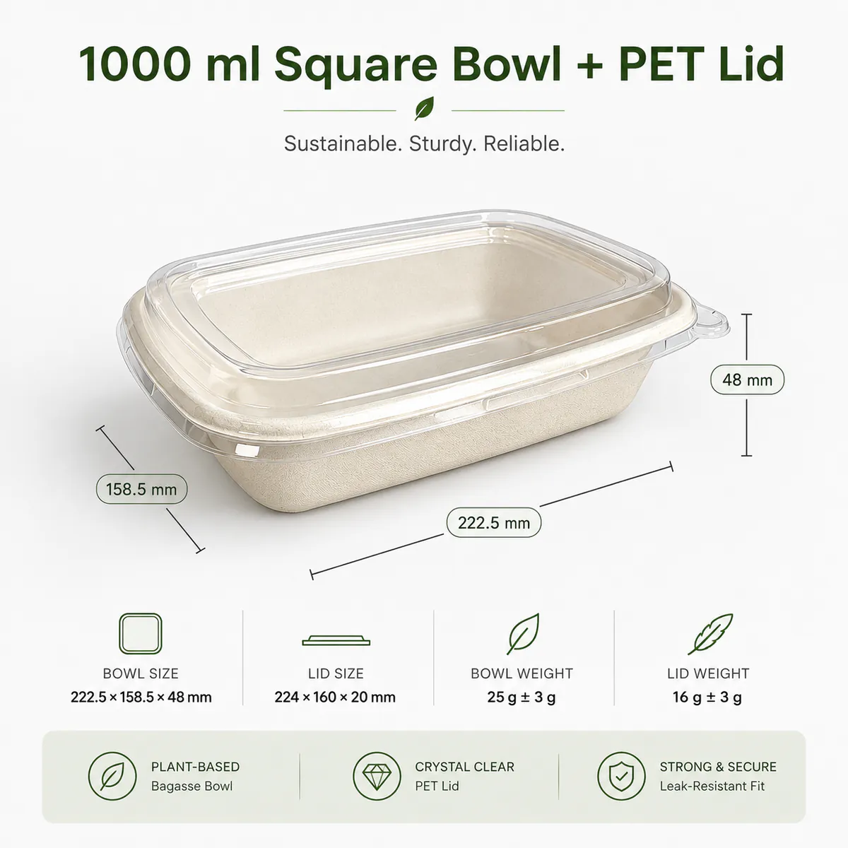 1000 mL Square Bagasse Container with PET Lid product photo