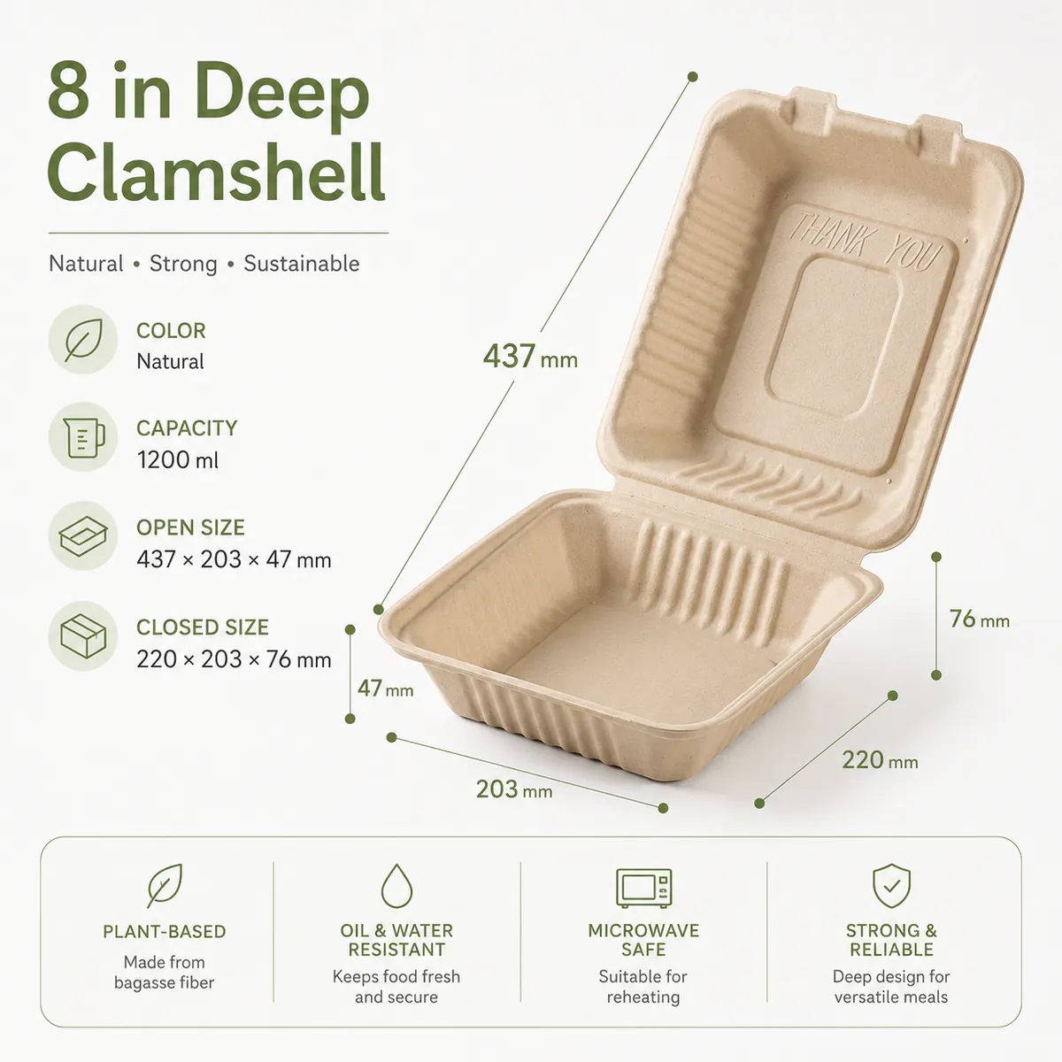 8 inch Deep Bagasse Clamshell product photo