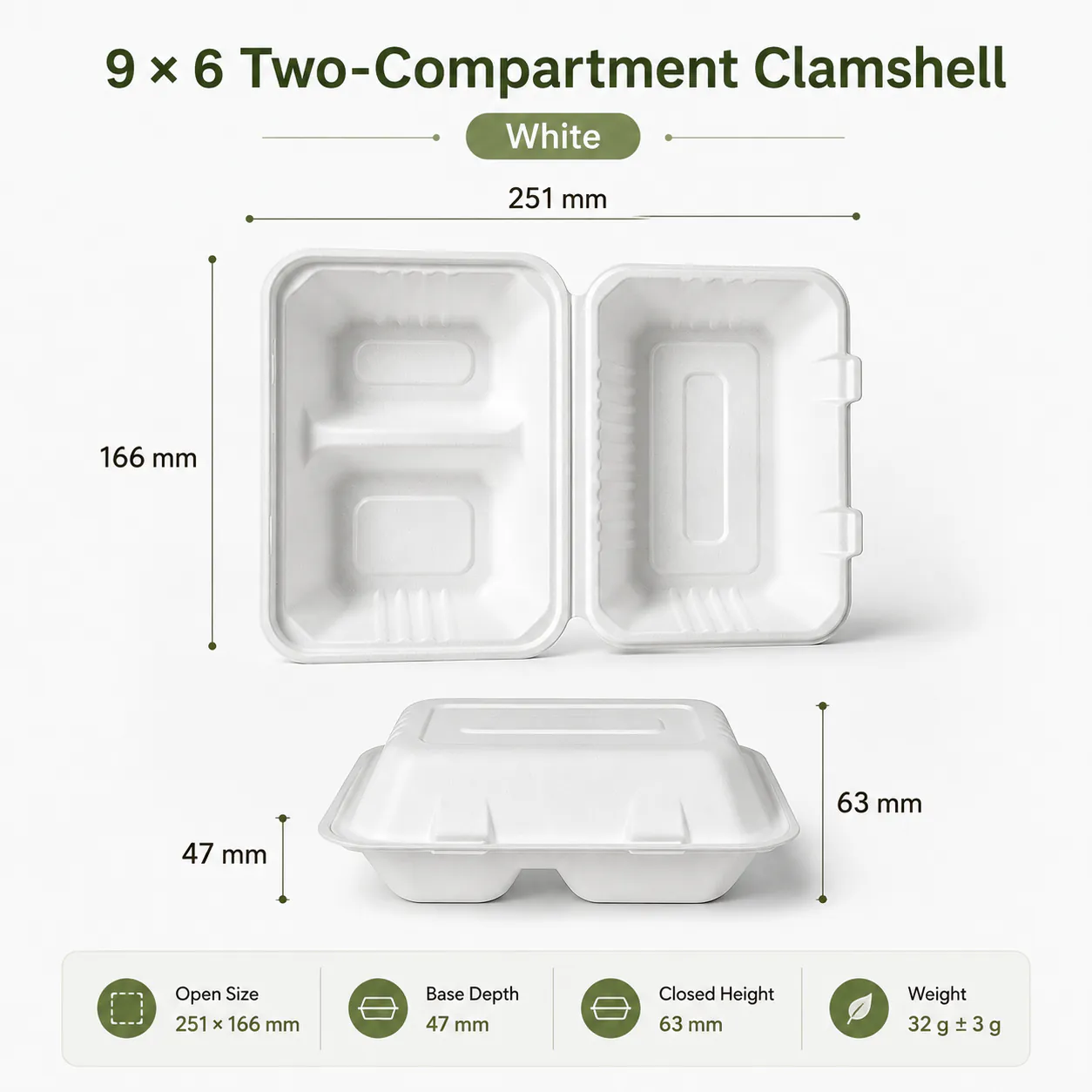 9 by 6 Two Compartment Bagasse Clamshell product photo