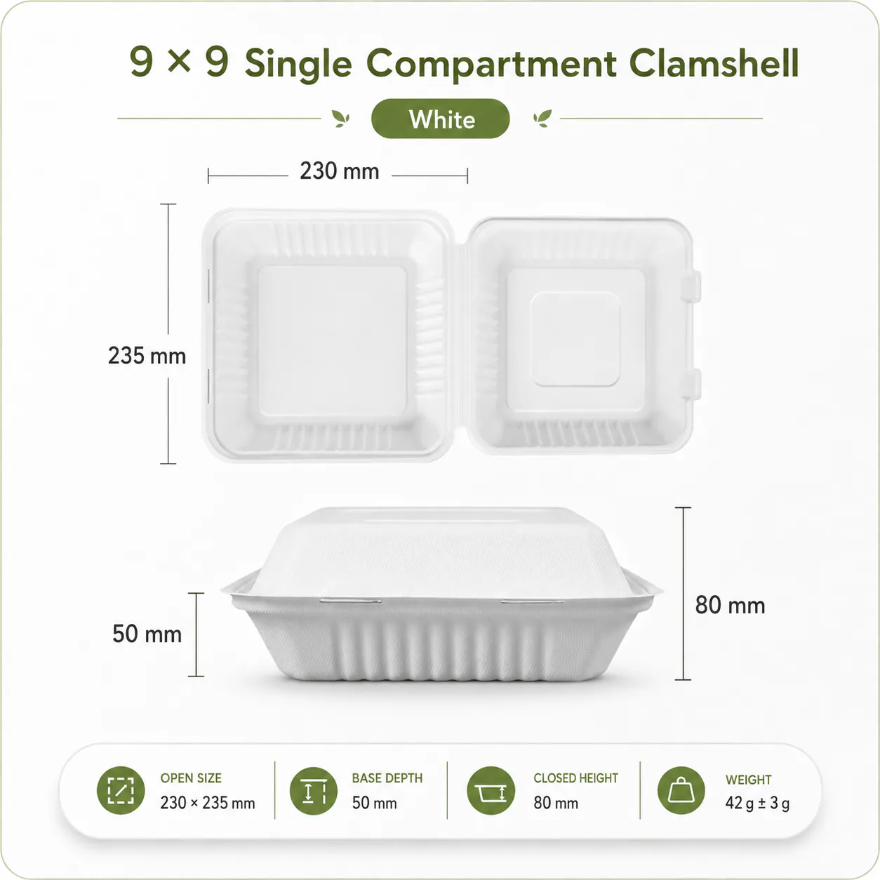 9 by 9 Single Compartment Bagasse Clamshell product photo