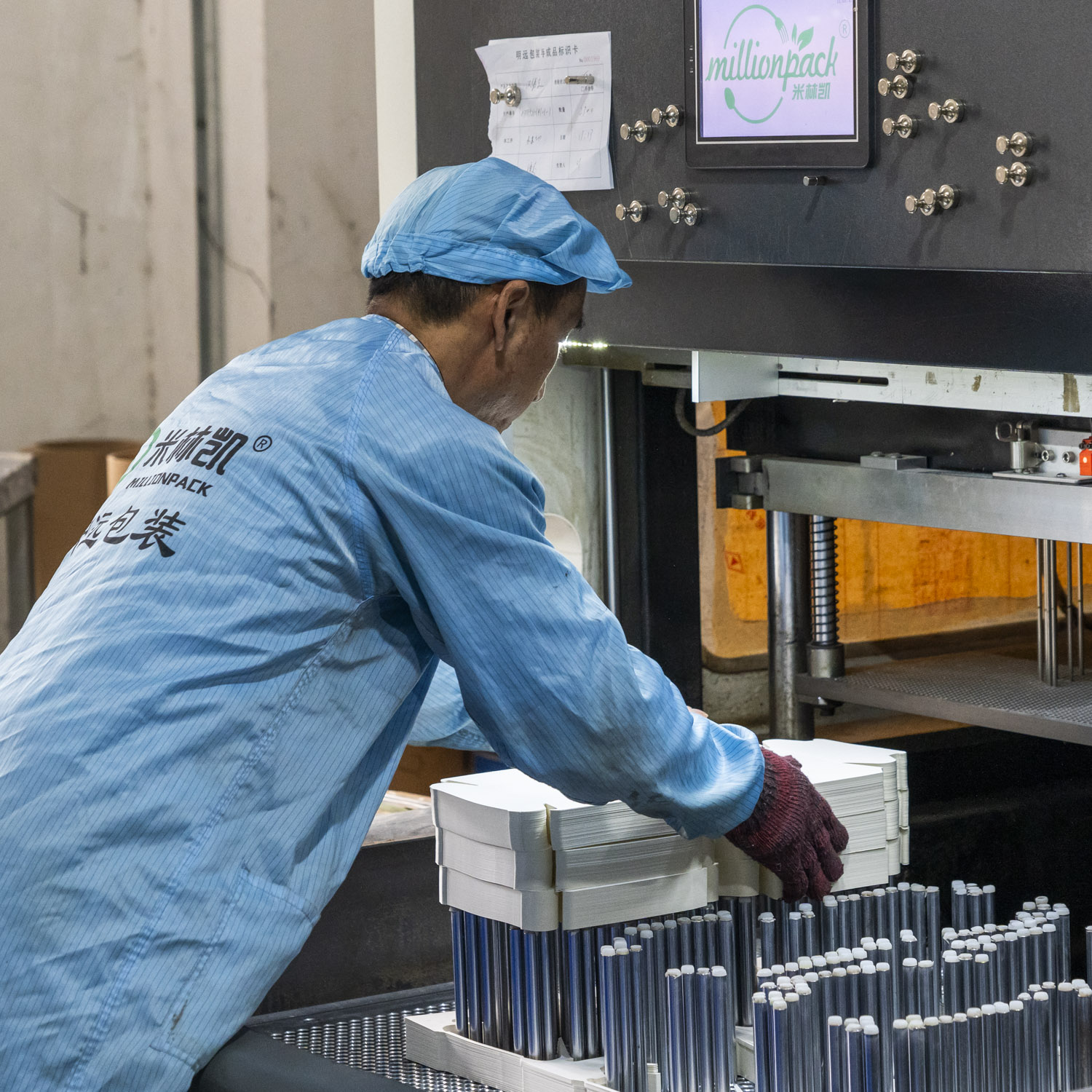 Operator handling paper packaging blanks