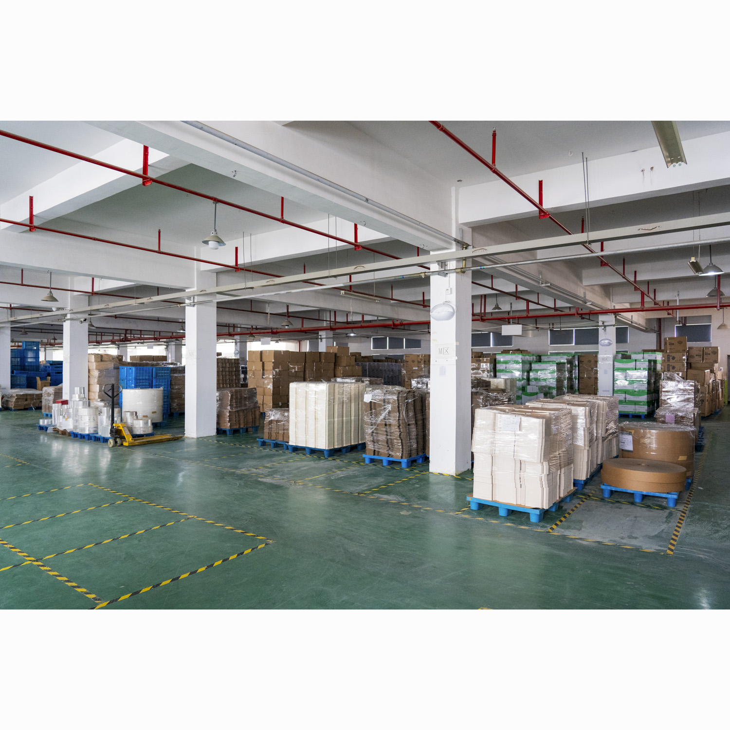 Warehouse with packaged food packaging goods on pallets